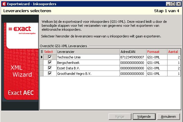Een exportwizard voor inkooporders in Exact AEC, in de vormgeving van een Windows-programma uit de jaren negentig.