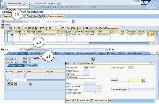 Het scherm voor het aanmaken van een inkoopaanvraag in SAP, met genummerde aanwijzingen uit een handleiding.